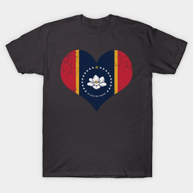 Mississippi Flag Heart Love Home Retro Fade T-Shirt by E